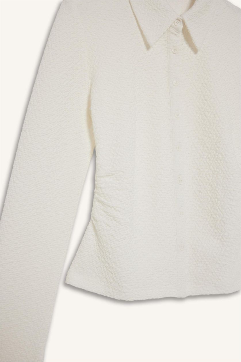 نساء اوف وايت قميص كم طويل القماش المنسوج سليم فيت بياقة قميص