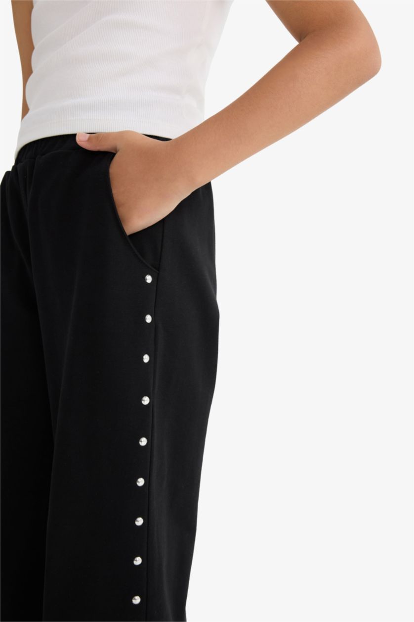 Kız Çocuk - Genç Kız Siyah Kız Çocuk Beli Lastikli Wide Leg Geniş Bol Paça Eşofman Altı