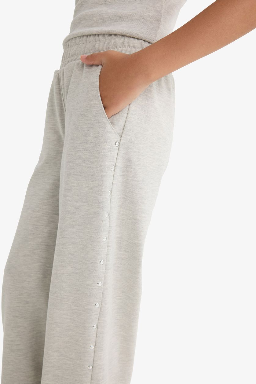 بناتي ميلانج رمادي فاتح بنطلون سويت بانتس بناتي وايد ليج برجل واسع