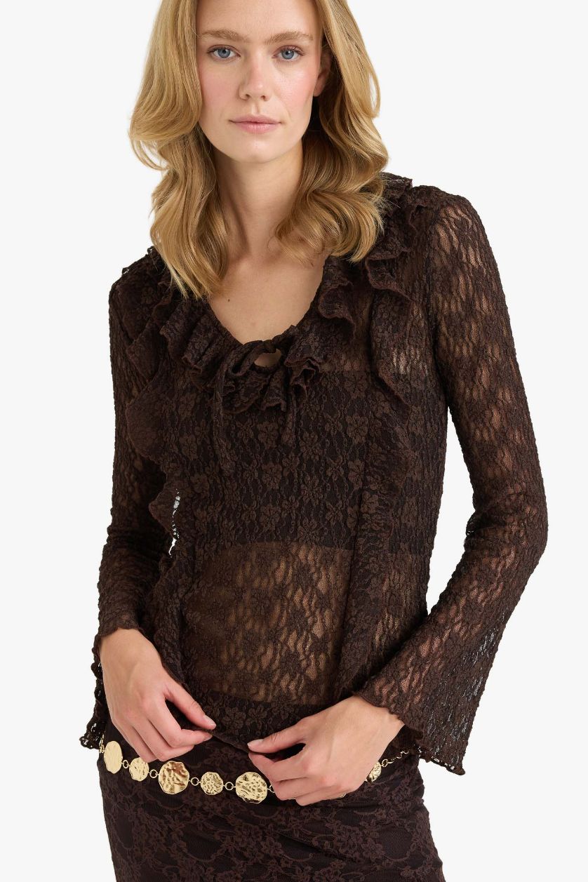 Женщины Коричневый Кружевная блузка Fitted с V-образным вырезом воланами и длинным рукавом