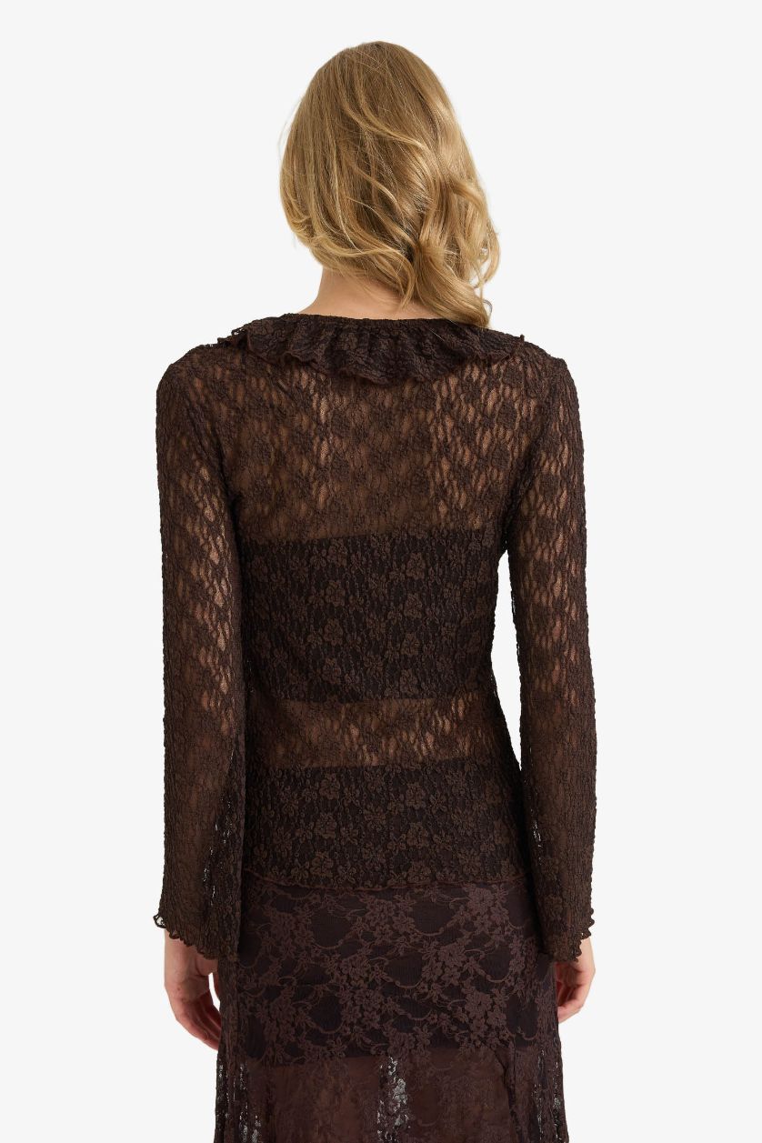 Женщины Коричневый Кружевная блузка Fitted с V-образным вырезом воланами и длинным рукавом