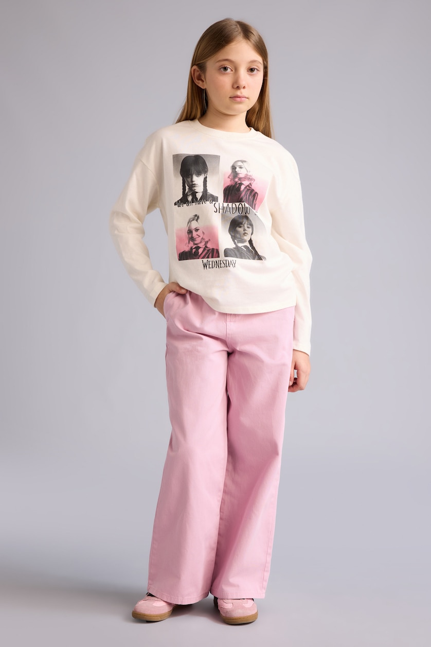 Kız Çocuk - Genç Kız Pembe %100 Pamuk Wıde Leg Gabardin Pantolon Kız Çocuk