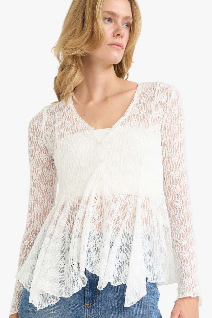 نساء بيج فاتح بلوزة كم طويل سليم فيت بياقة V