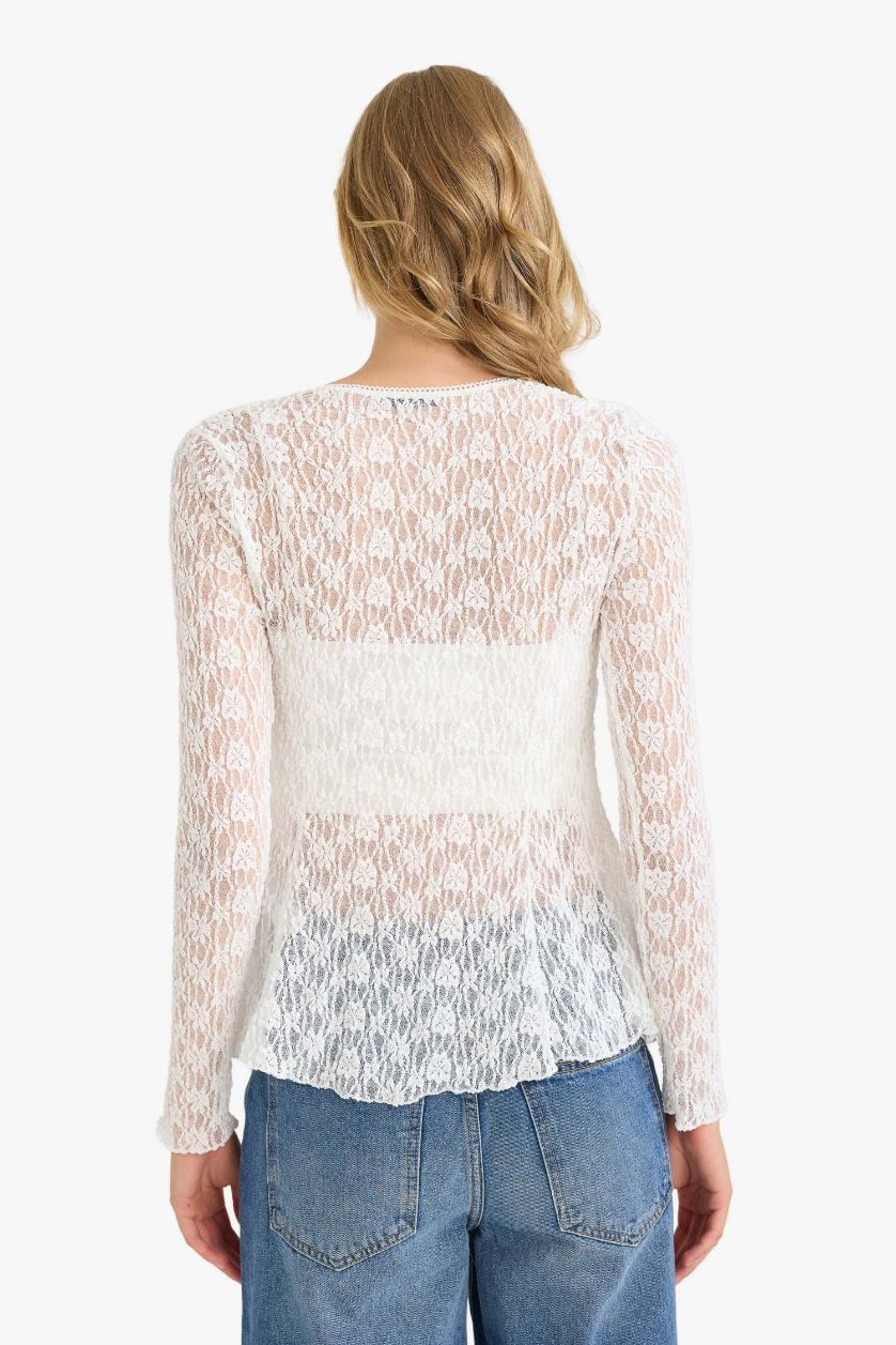 نساء بيج فاتح بلوزة كم طويل سليم فيت بياقة V