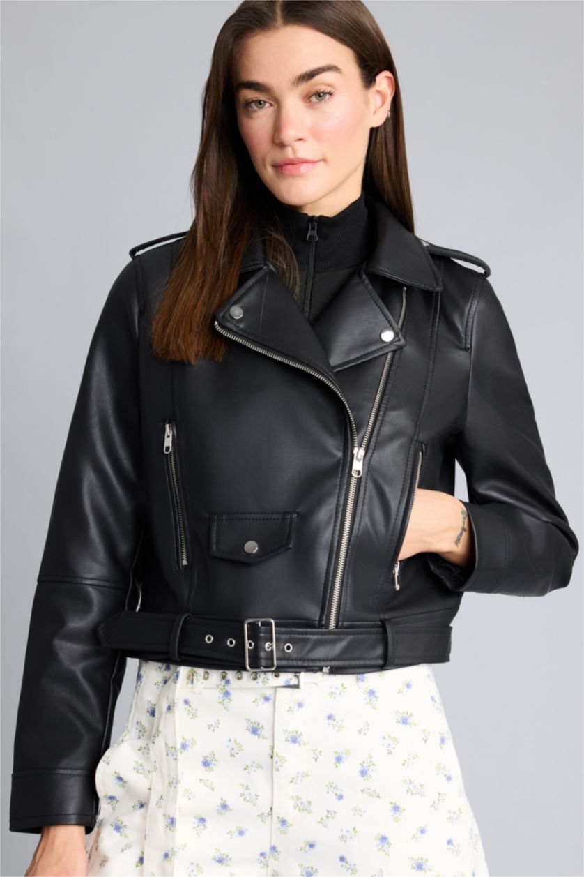 FEMME Noir Veste en similicuir Coupe décontractée