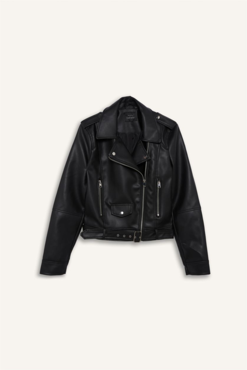 FEMME Noir Veste en similicuir Coupe décontractée