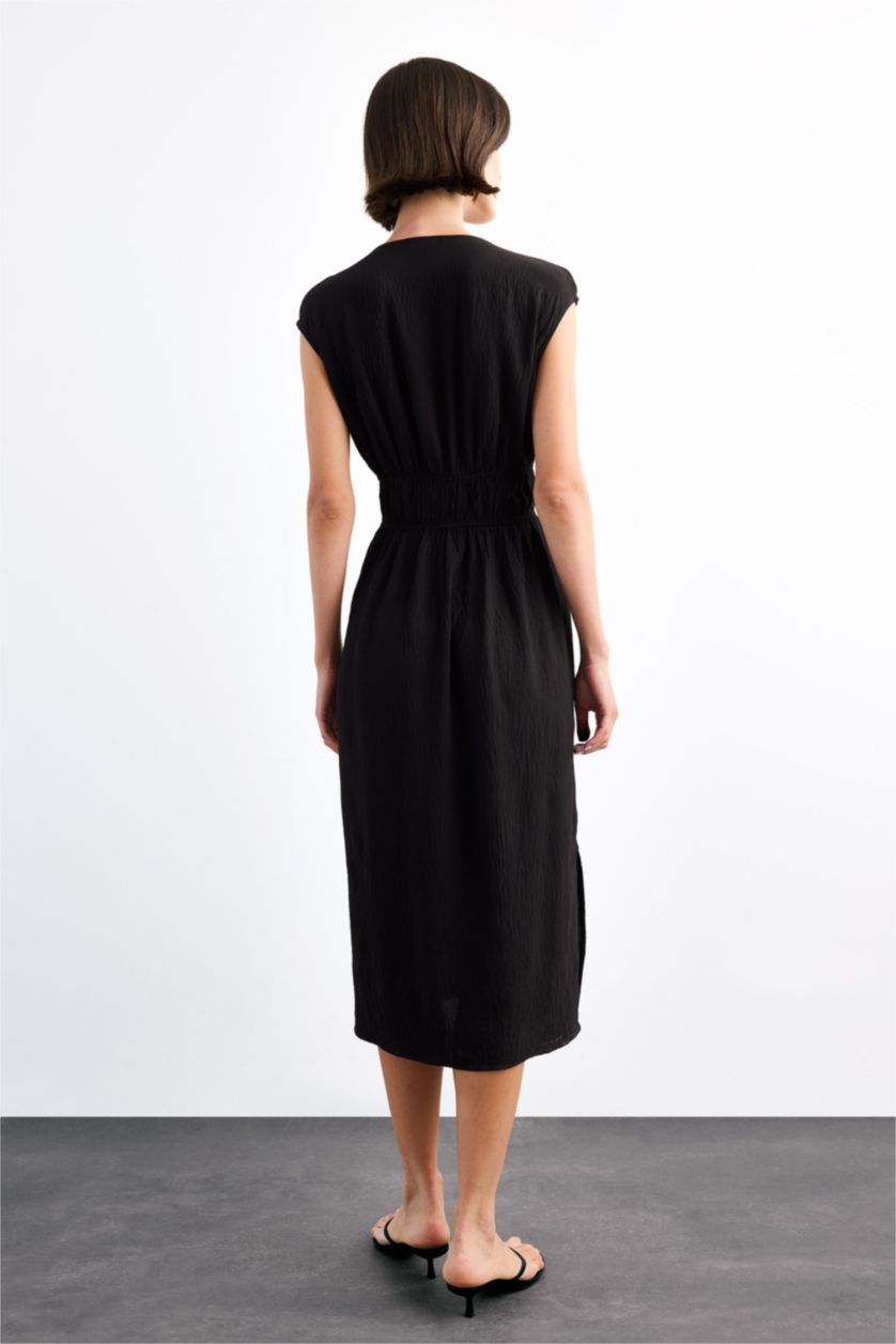 نساء أسود فستان ميدي كت برباط من الأمام