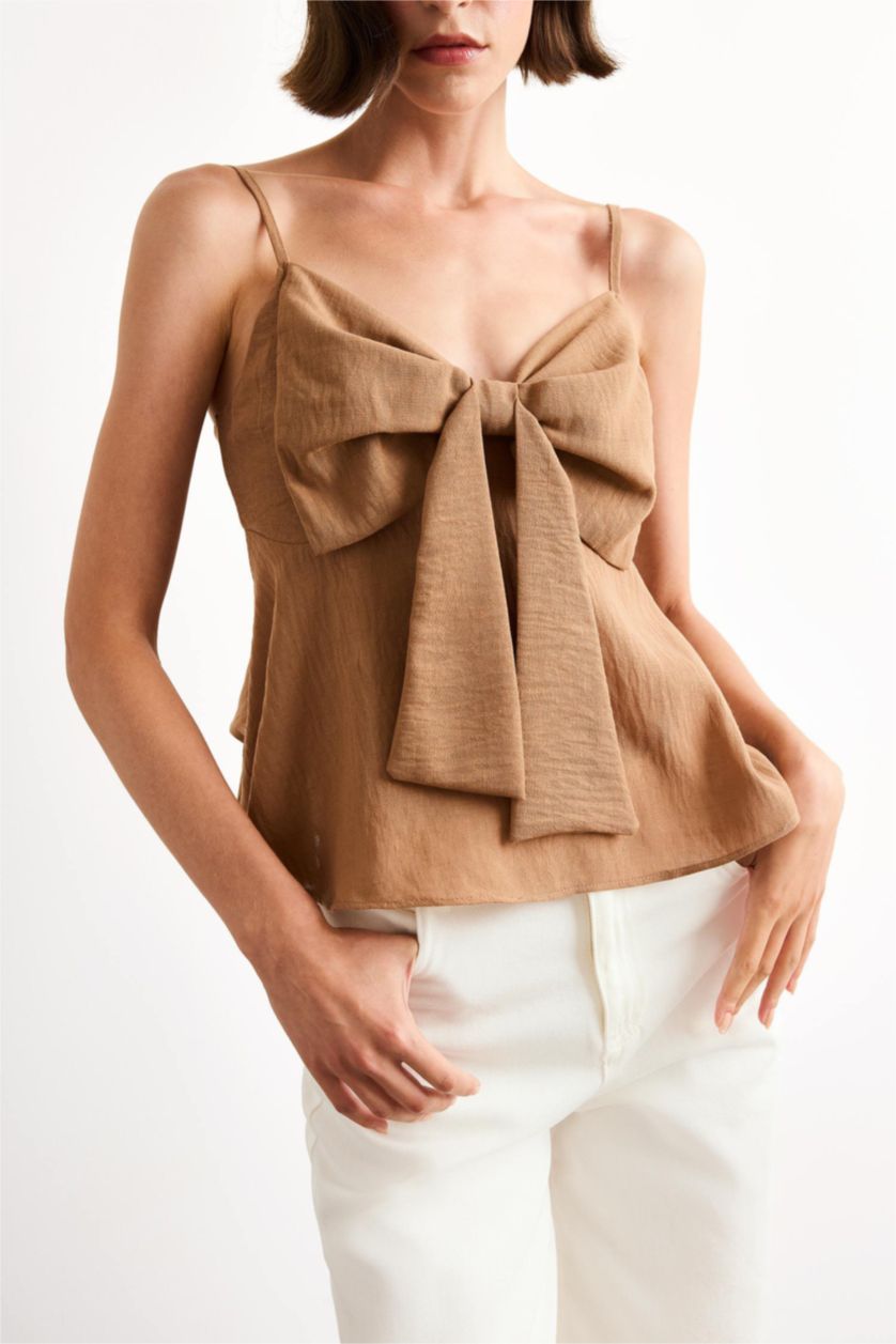 Kadın Kiremit V Yaka Fiyonklu Askılı Bluz