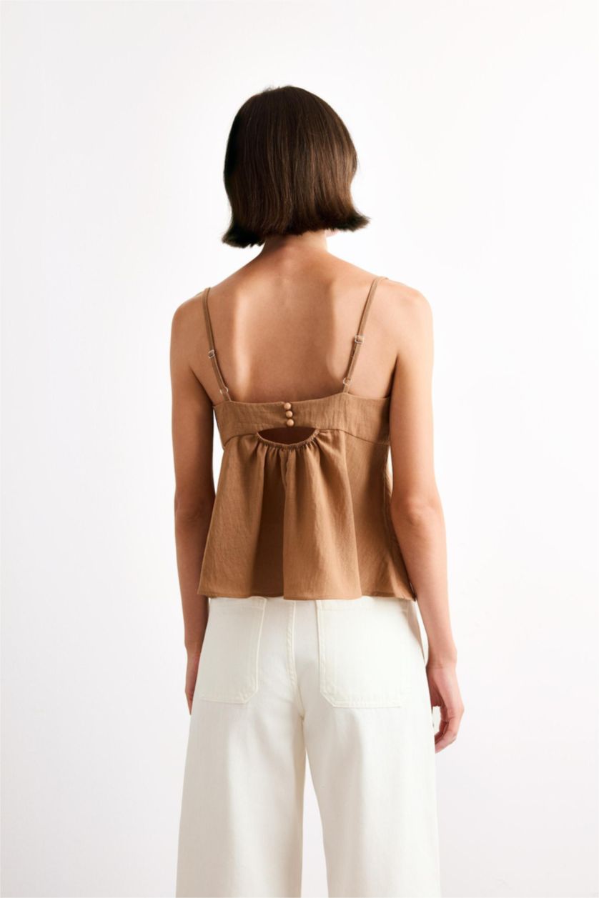 Kadın Kiremit V Yaka Fiyonklu Askılı Bluz