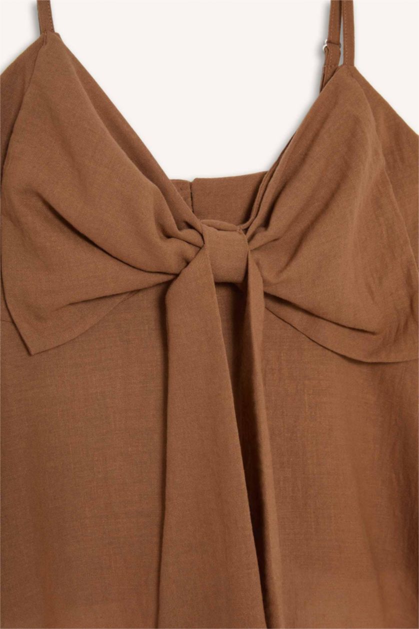 Kadın Kiremit V Yaka Fiyonklu Askılı Bluz