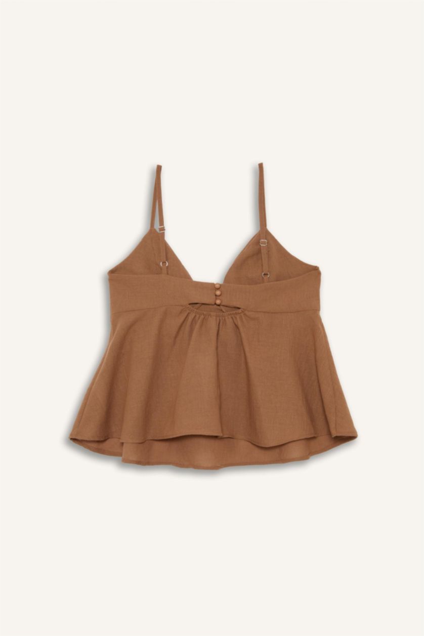 Kadın Kiremit V Yaka Fiyonklu Askılı Bluz