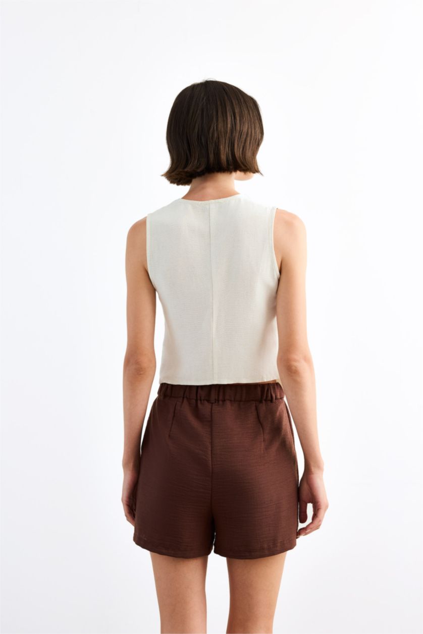 Kadın Beyaz Slım Fıt V Yaka Keten Yelek