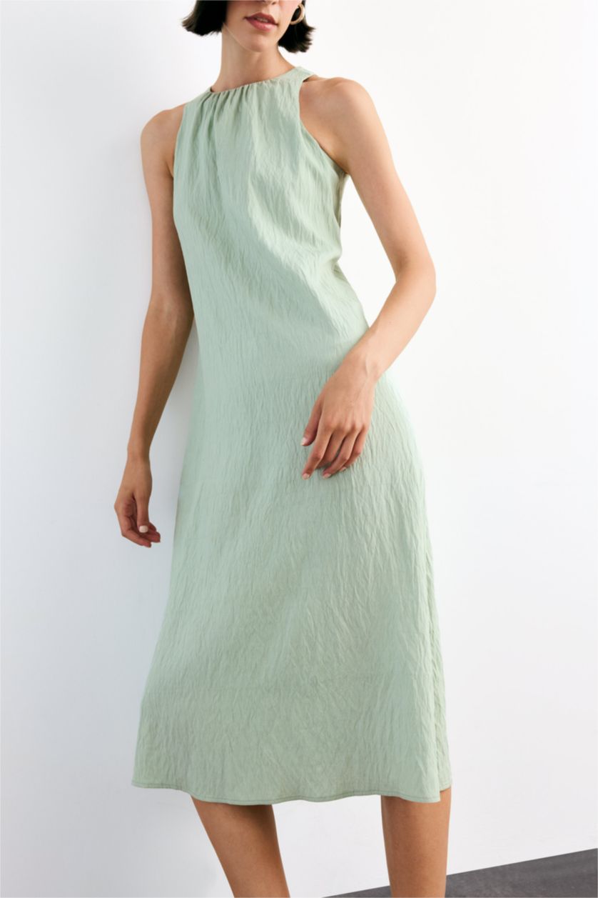 Kadın Deniz Mavisi Krinkıl Kumaş Kolsuz Midi Elbise