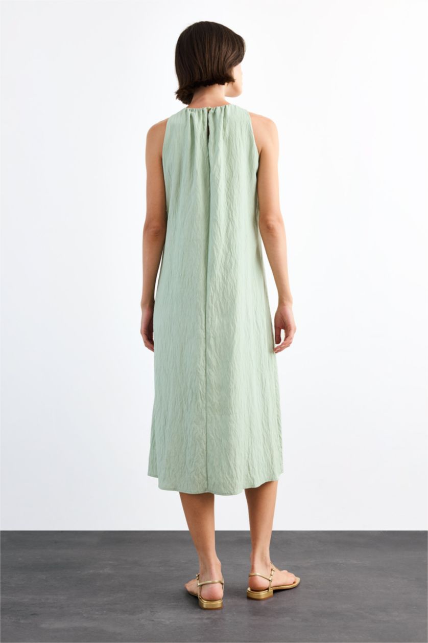 Kadın Deniz Mavisi Krinkıl Kumaş Kolsuz Midi Elbise