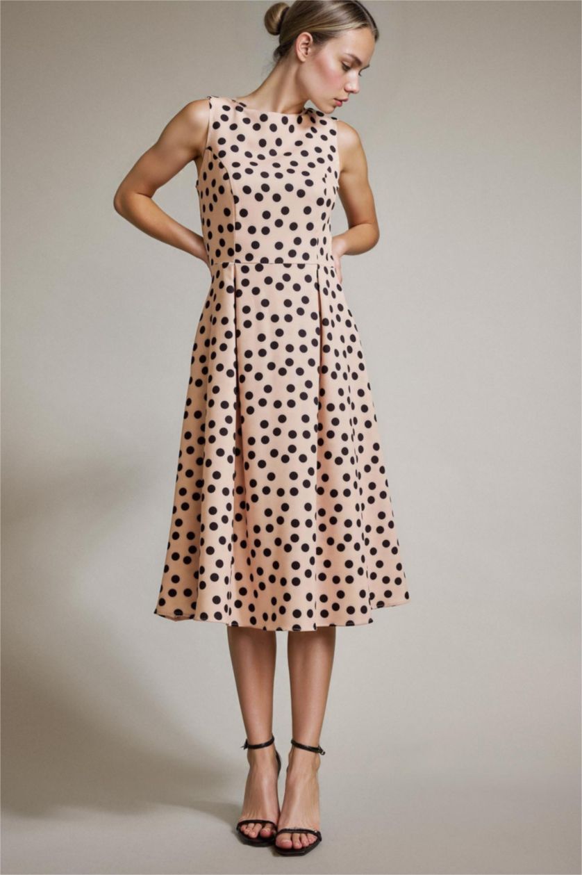 Kadın Siyah Puantiyeli Kolsuz Midi Elbise