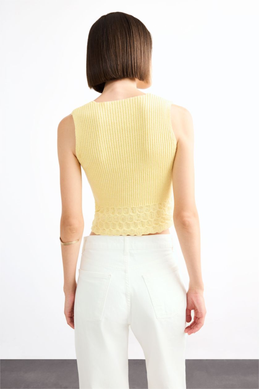 Kadın Sarı V Yaka Önden Bağlamalı Triko Bluz