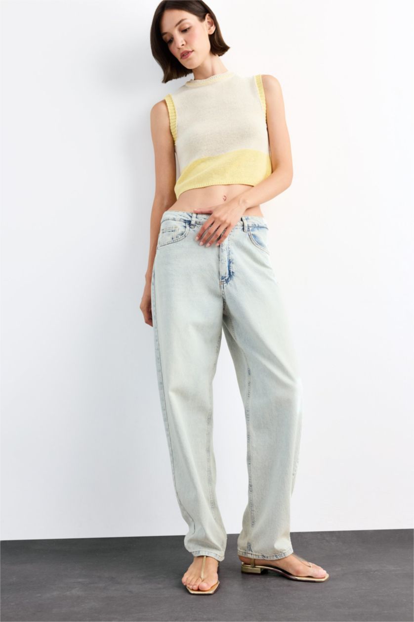 نساء أصفر فانيلة تريكو بياخة مستديرة