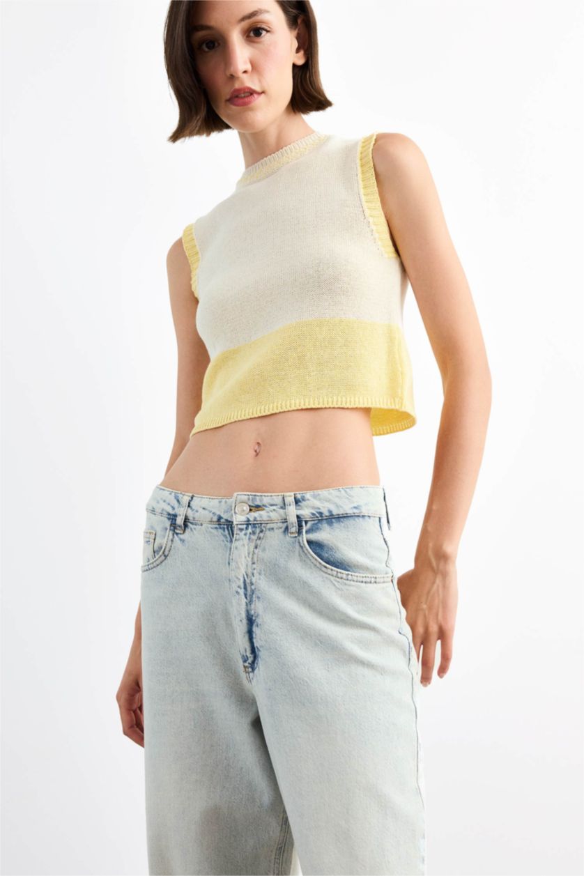 نساء أصفر فانيلة تريكو بياخة مستديرة