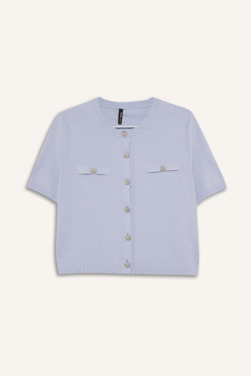 Kadın Açık Mavi Regular Fit Bisiklet Yaka Düğmeli Kısa Kollu Triko Hırka