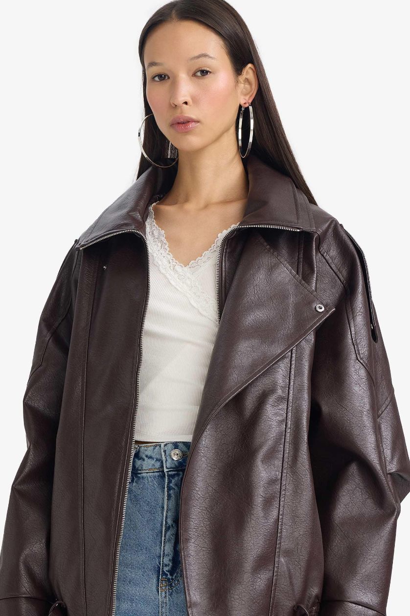 Kadın Bordo Su Geçirmez Relax Fıt Suni Deri Mont