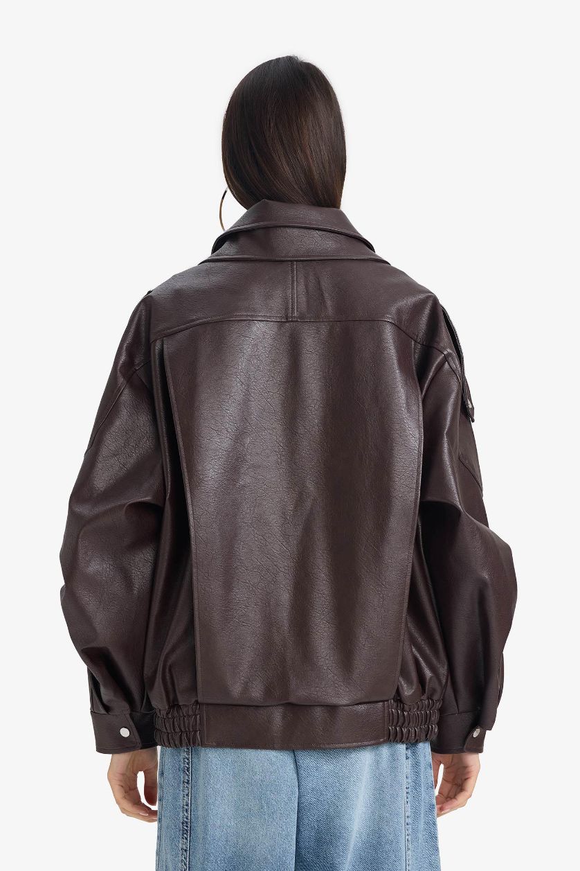 Kadın Bordo Su Geçirmez Relax Fıt Suni Deri Mont