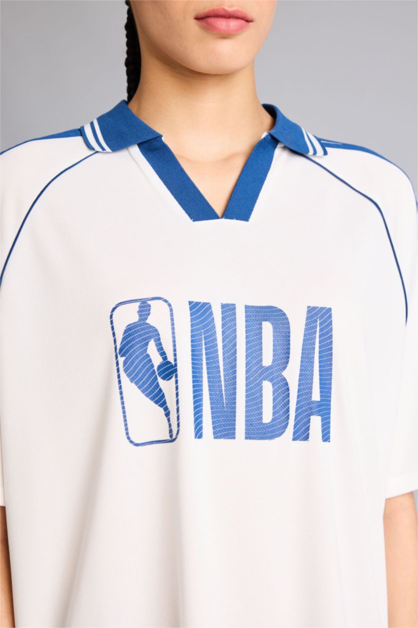 Kadın Ekru NBA Wordmark Oversıze Polo Yaka Tişört