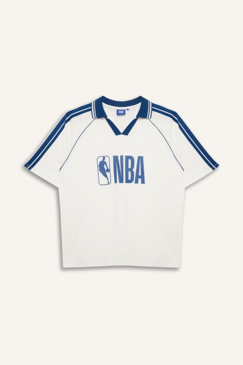 Kadın Ekru NBA Wordmark Oversıze Polo Yaka Tişört