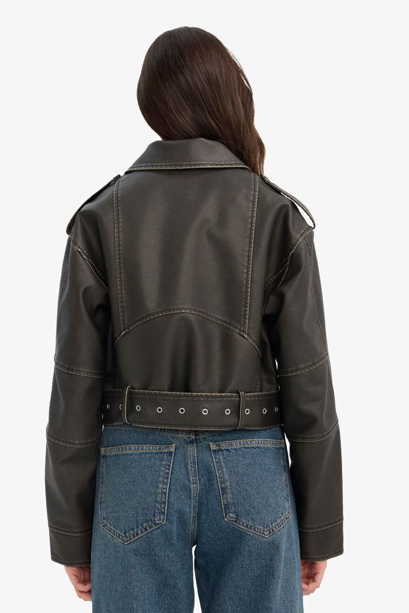 Kadın Haki Relax Fıt Suni Deri Mont