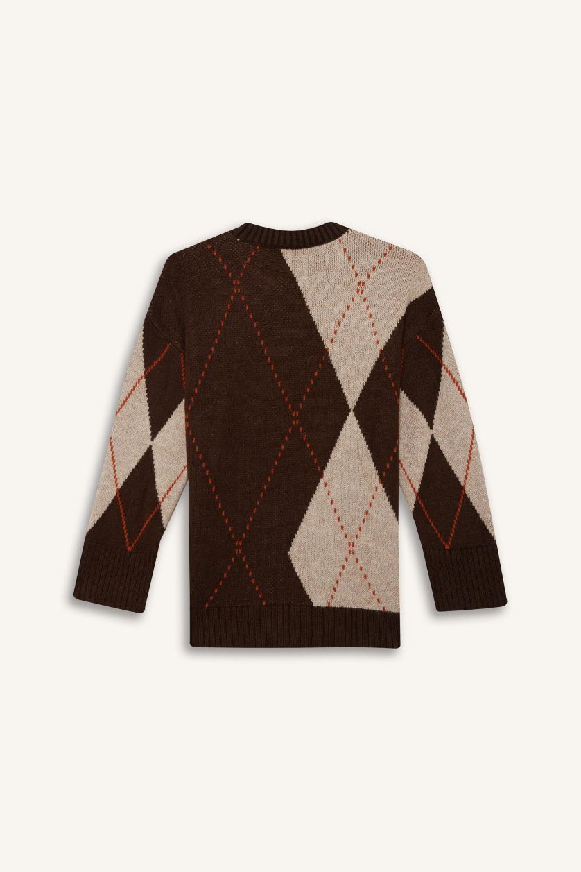 Kadın Kahve Regular Fit Bisiklet Yaka Baklava Desenli Triko Kazak Tunik