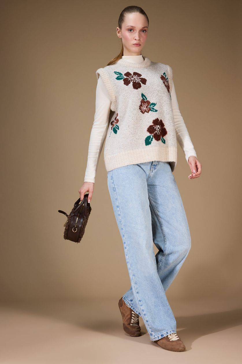 FEMME Beige Pull sans manches en maille à motif floral à col rond Coupe régulière