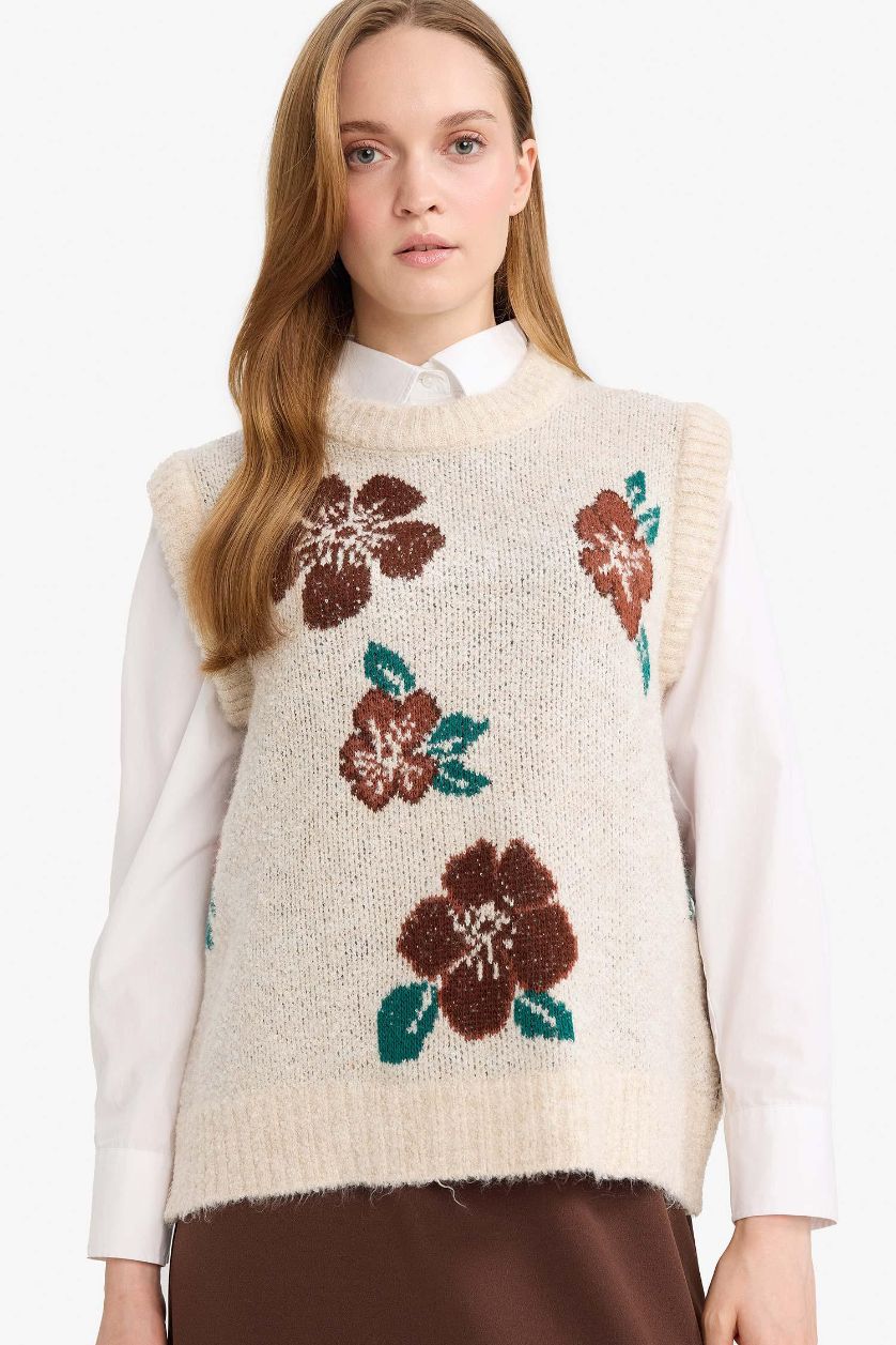 FEMME Beige Pull sans manches en maille à motif floral à col rond Coupe régulière