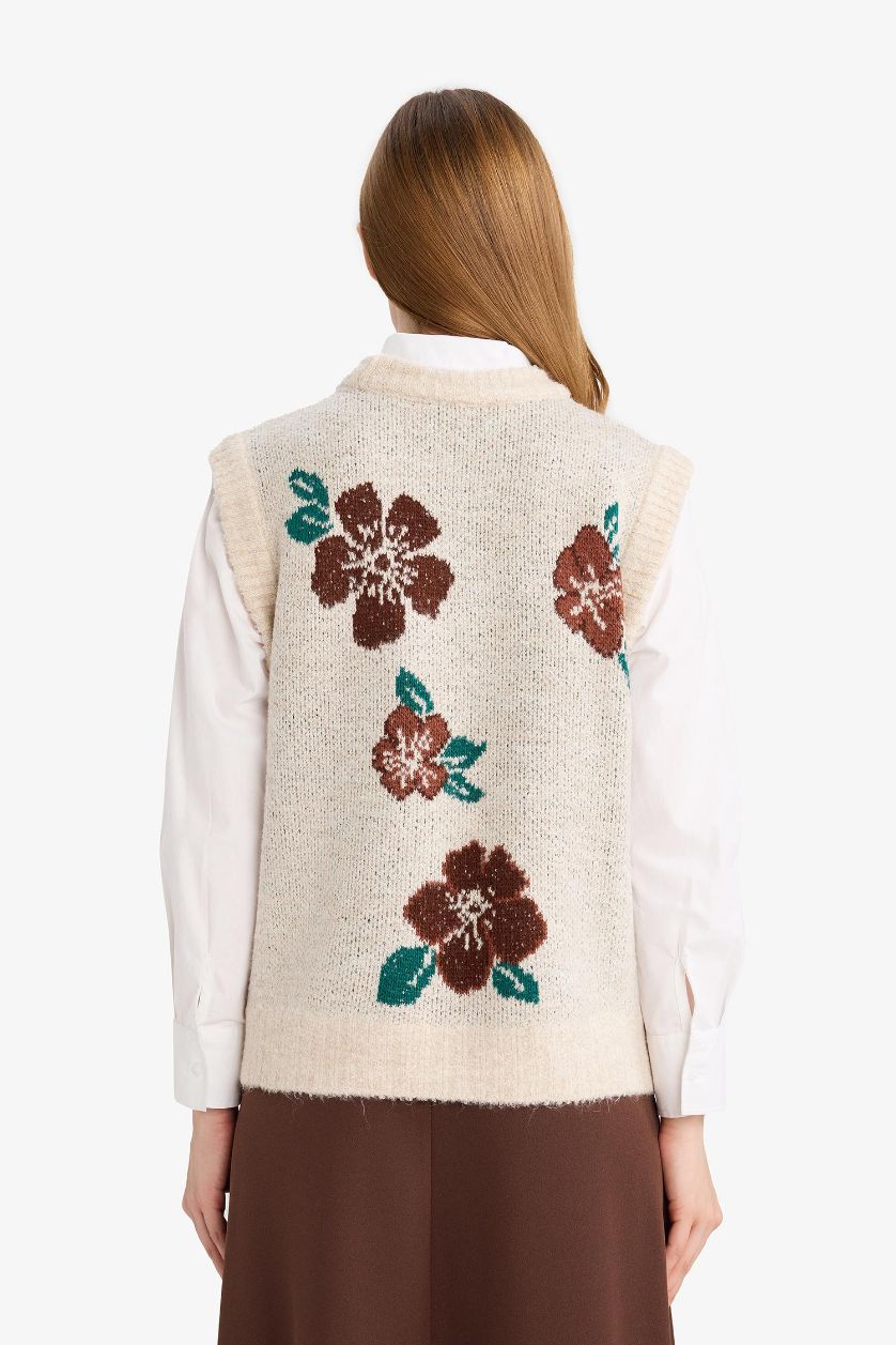 FEMME Beige Pull sans manches en maille à motif floral à col rond Coupe régulière