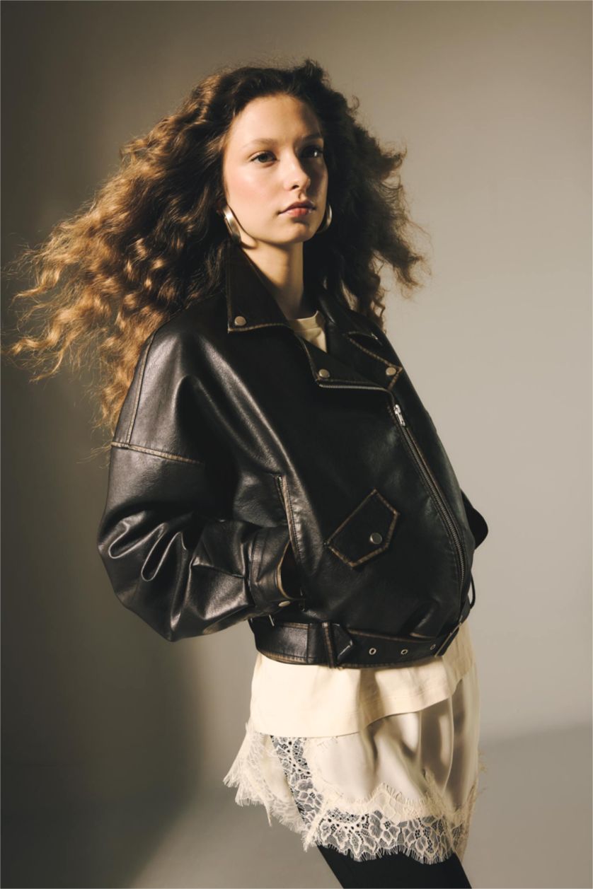 Kadın Siyah Su Geçirmez Oversıze Tafta Suni Deri Mont