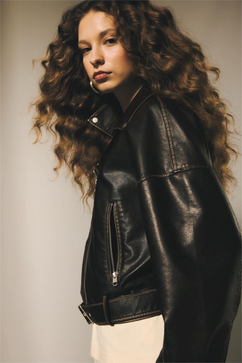 Kadın Siyah Su Geçirmez Oversıze Tafta Suni Deri Mont