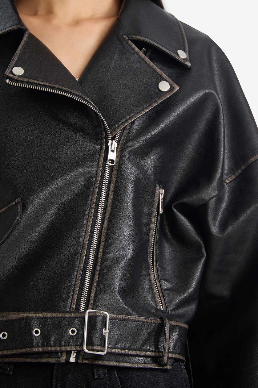 Woman Black Waterproof Oversize Taffeta Faux Leather Jacket