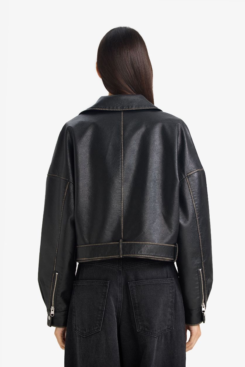 Woman Black Waterproof Oversize Taffeta Faux Leather Jacket