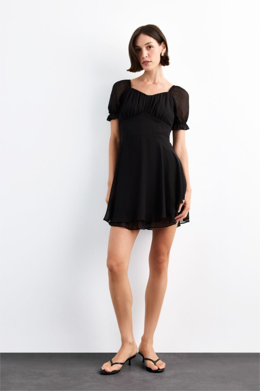 Woman Black Chiffon Half Sleeve Short Dress