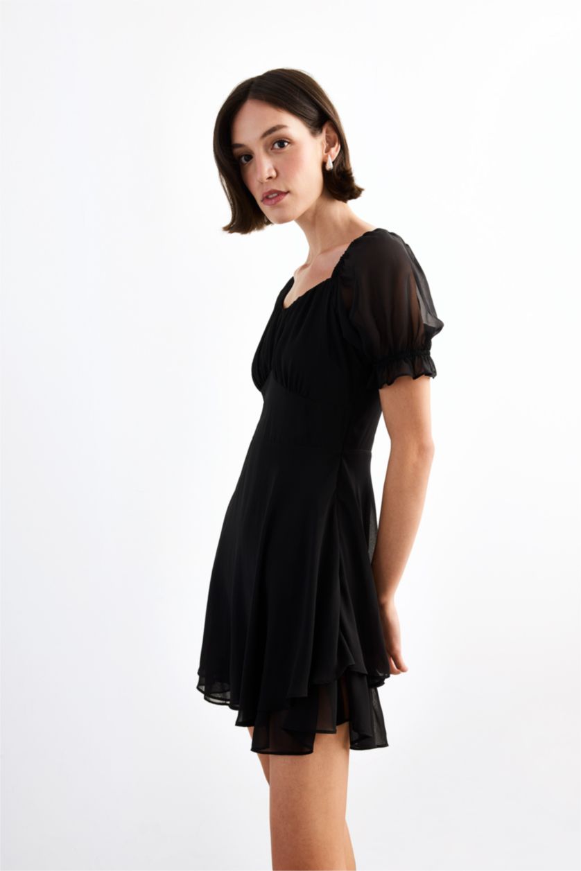 Woman Black Chiffon Half Sleeve Short Dress