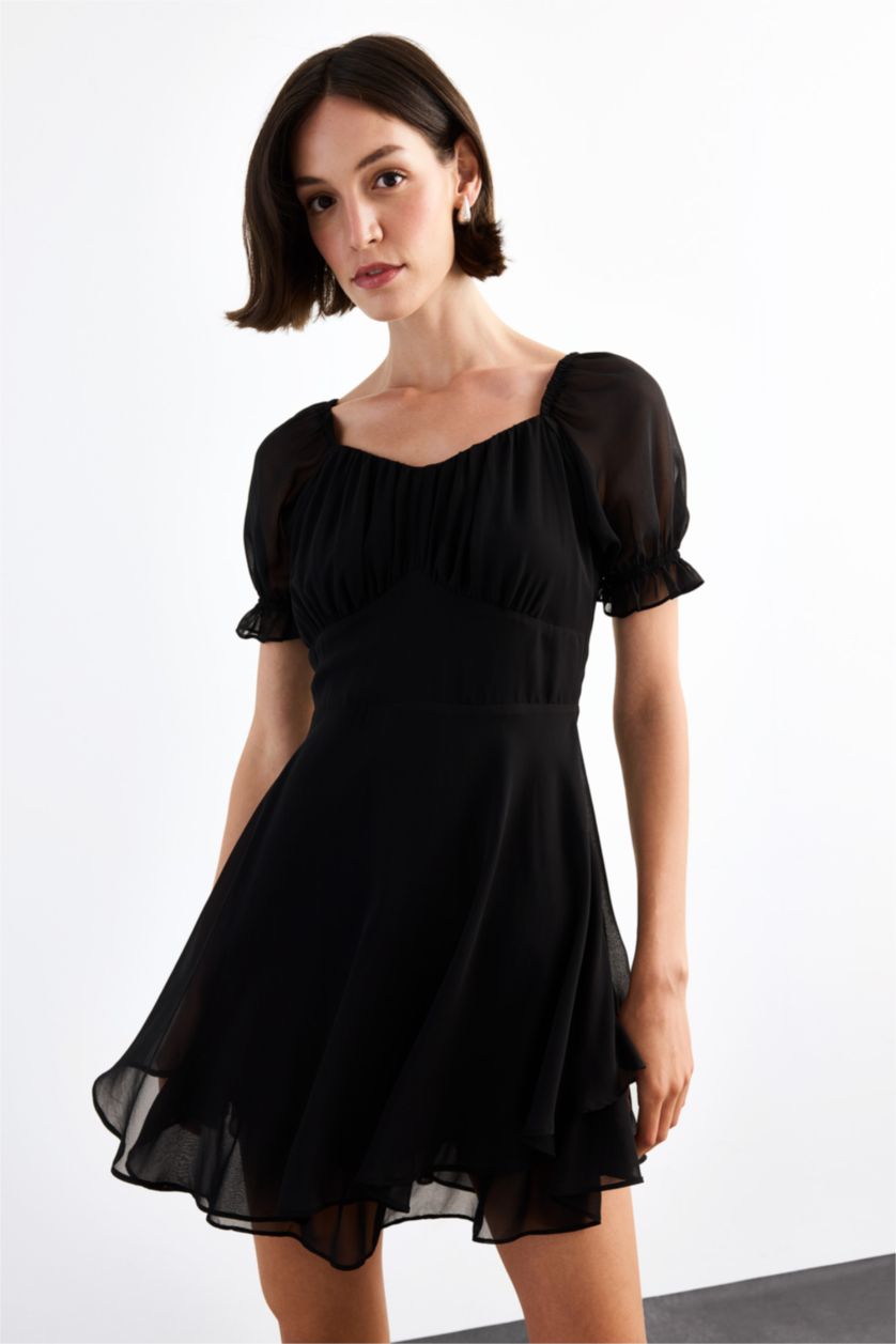 Woman Black Chiffon Half Sleeve Short Dress