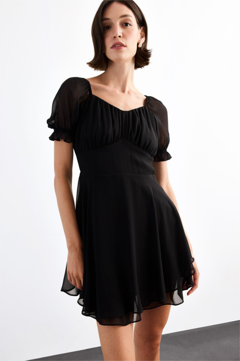 Woman Black Chiffon Half Sleeve Short Dress