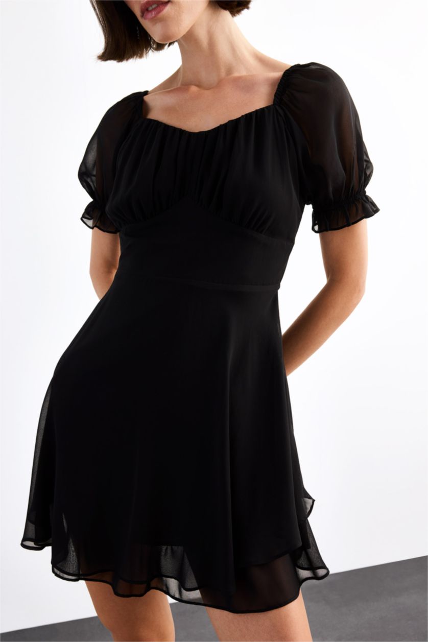 Woman Black Chiffon Half Sleeve Short Dress
