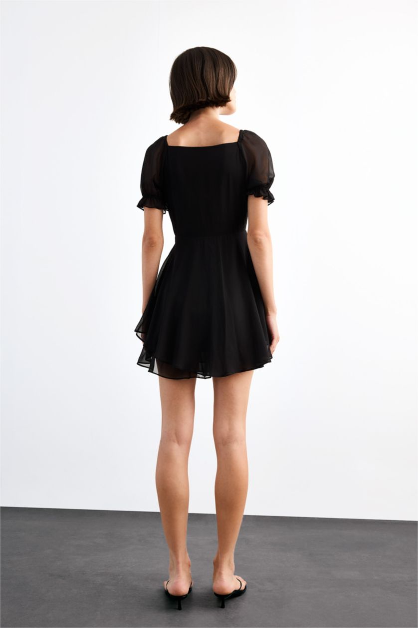 Woman Black Chiffon Half Sleeve Short Dress