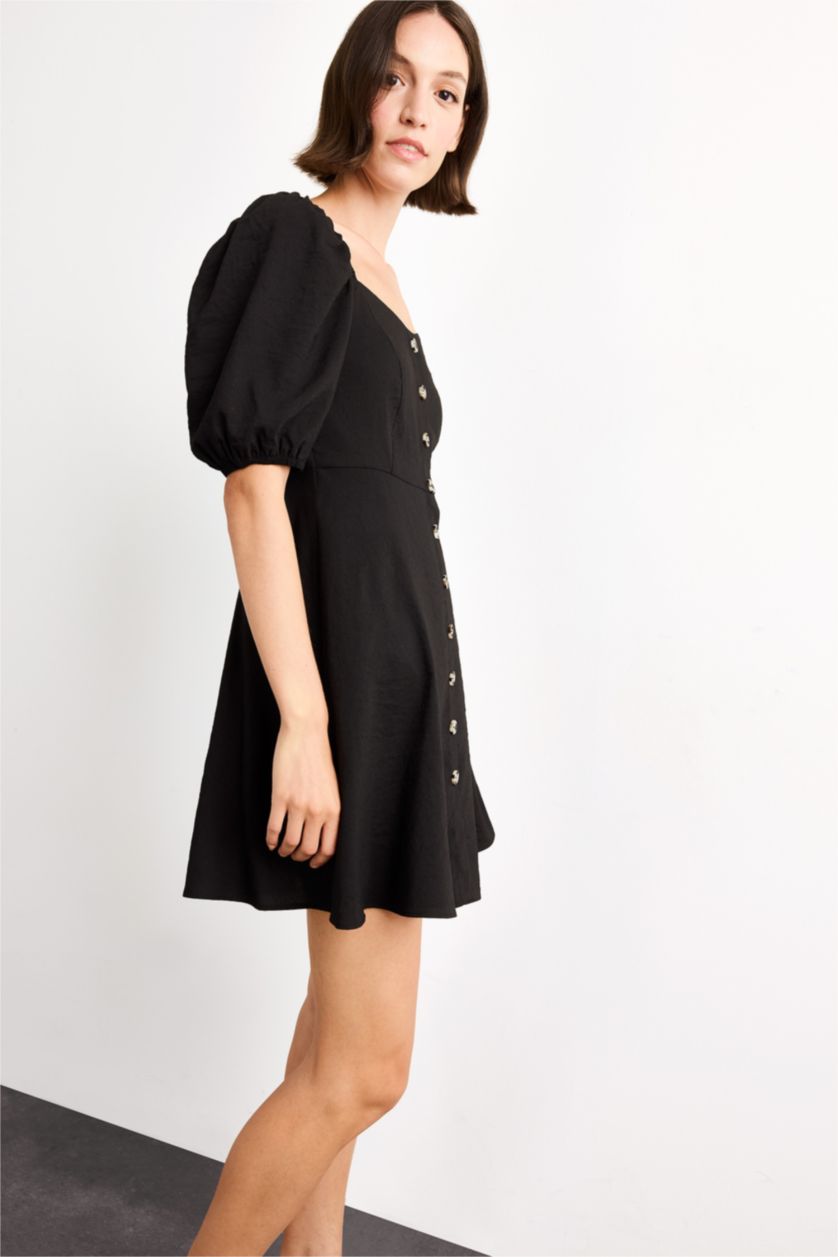 Kadın Siyah Kalp Yaka Kısa Kollu Mini Elbise