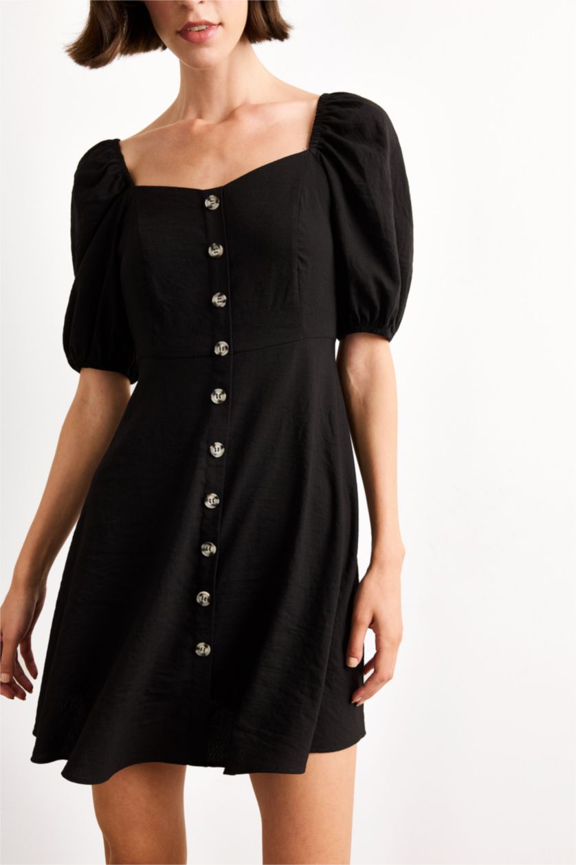 Kadın Siyah Kalp Yaka Kısa Kollu Mini Elbise