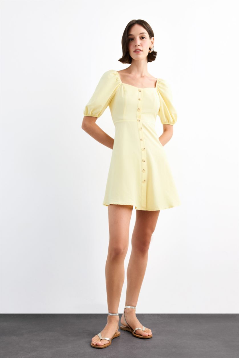 Woman Yellow Balloon Sleeves Mini Dress