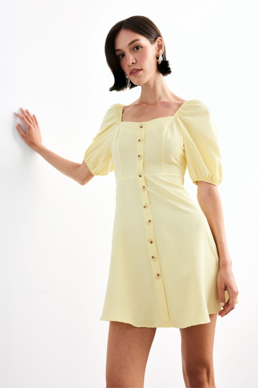 Woman Yellow Balloon Sleeves Mini Dress