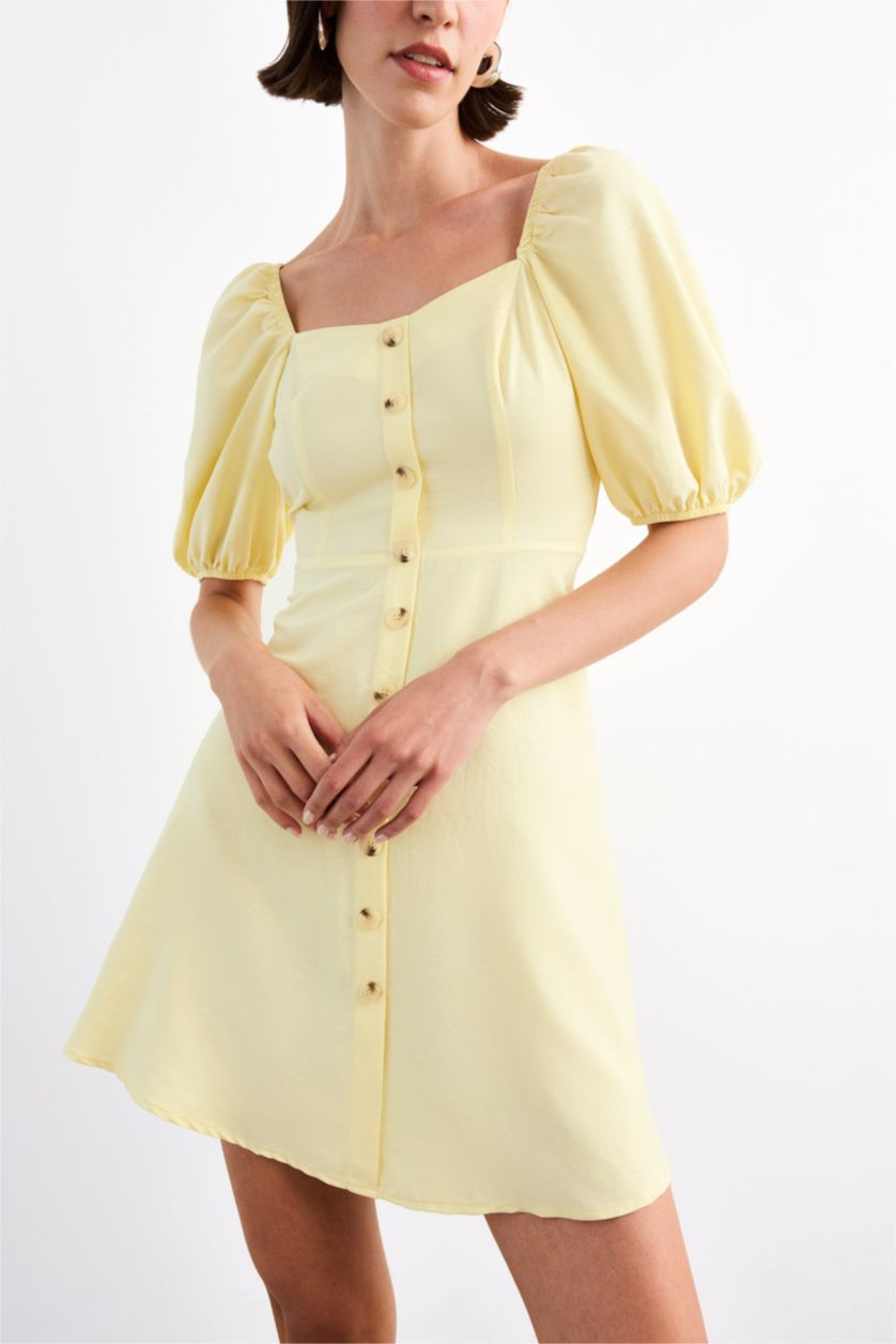 Woman Yellow Balloon Sleeves Mini Dress