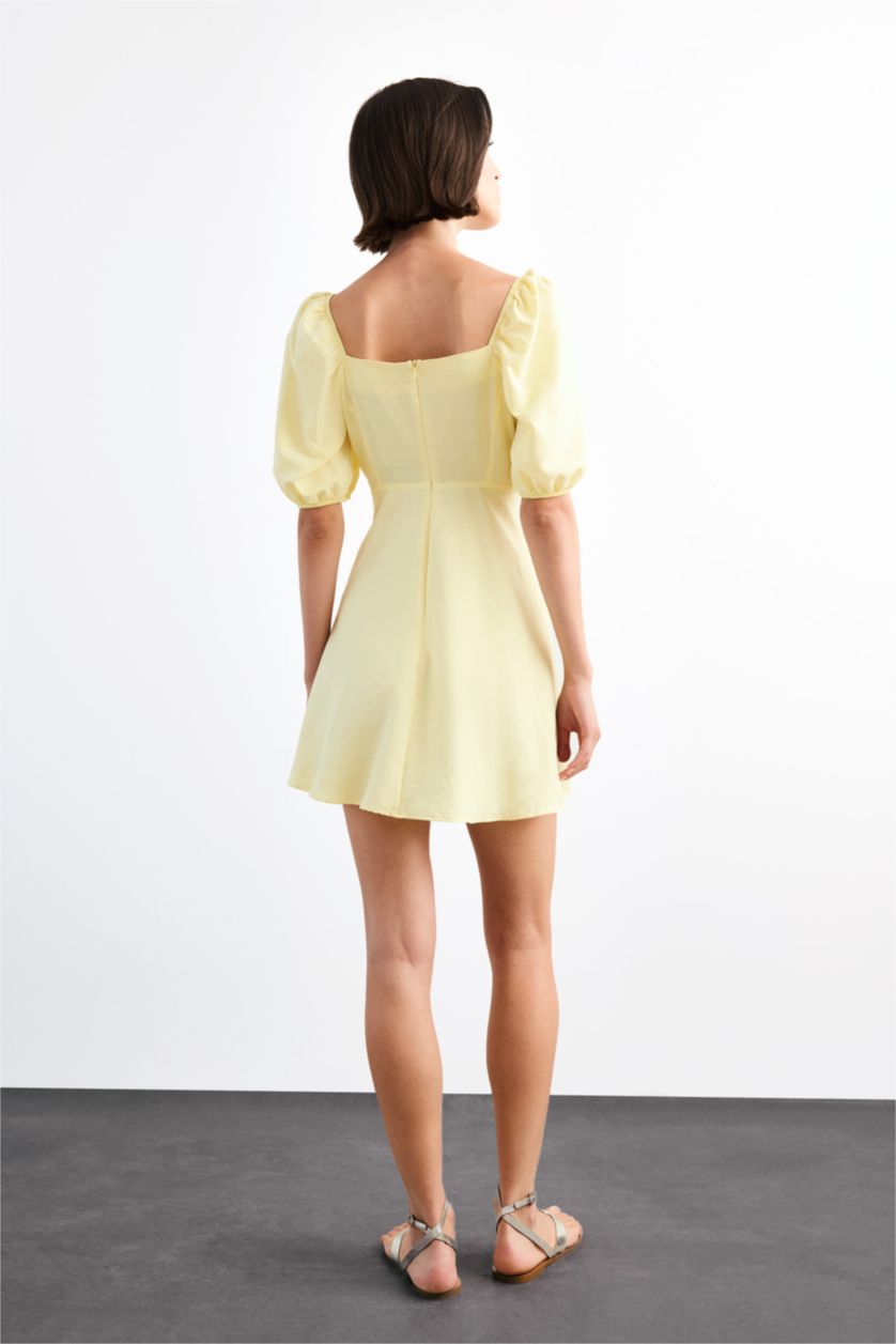 Woman Yellow Balloon Sleeves Mini Dress