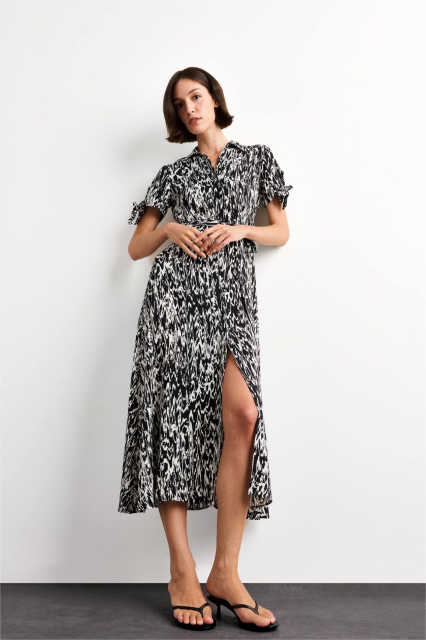 Kadın Siyah Desenli Kısa Kollu Midi Elbise