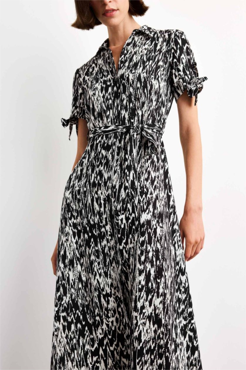 Kadın Siyah Desenli Kısa Kollu Midi Elbise